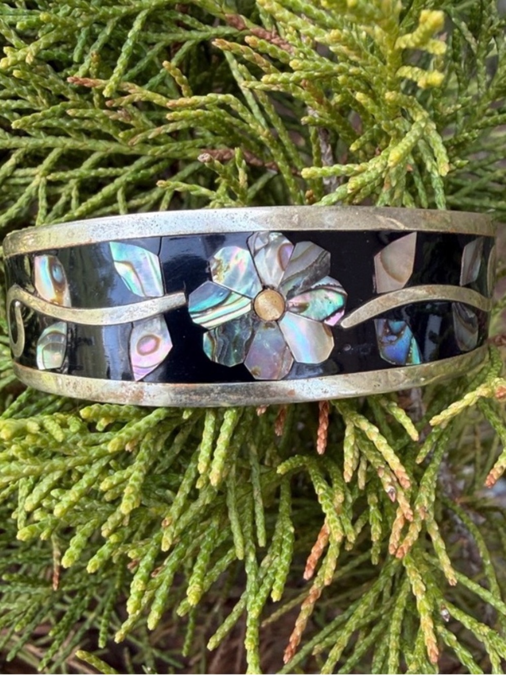 Boho Bracelet Vintage Abalone Cuff Mexico Alpaca Silver Purple Blue Black Shell